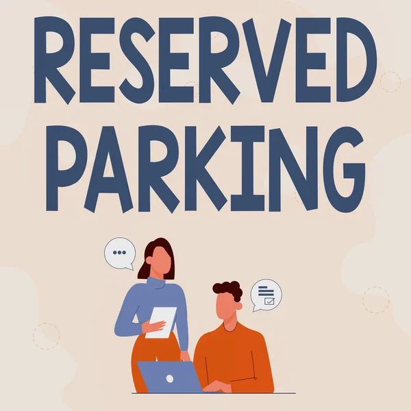 Schreiben von Text Reservierte Parkplätze. Wort für Parkplätze, die für bestimmte Personen reserviert sind Partner teilen neue Ideen zur Verbesserung der Fähigkeiten Arbeitsstrategien. — Stockfoto