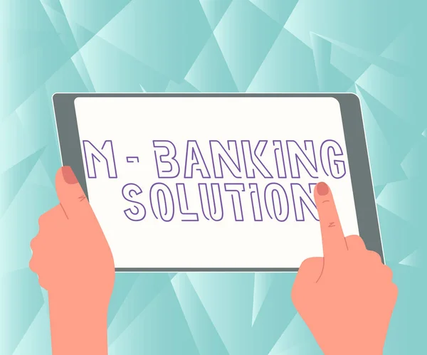 Inspiration zeigt Zeichen M Banking Solution. Konzeptfoto beim Banking durch eine Anwendung auf dem Smartphone Illustration einer Hand mit einem Tablet auf der Suche nach neuen erstaunlichen Ideen. — Stockfoto