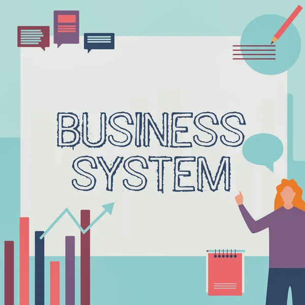 Writing displaying text Business System. Word for A method of analyzing the information of organizations Businesswoman Casual Standing Presenting Charts And New Wonderful Ideas. — Stock Photo, Image