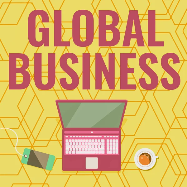 Text, der Inspiration für Global Business zeigt. Internet-Konzept Handel und Geschäftssystem eines Unternehmens auf der ganzen Welt Laptop auf einem Tisch neben Kaffeebecher und Pflanze zeigt Arbeitsprozess. — Stockfoto