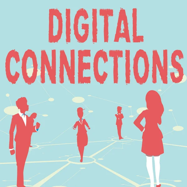 Pisanie tekstu Digital Connections. Koncepcja oznacza potężne sposoby podłączenia Online Global High Definition Kilku członków zespołu stojących osobne myślenie Połączone linie na podłodze. — Zdjęcie stockowe