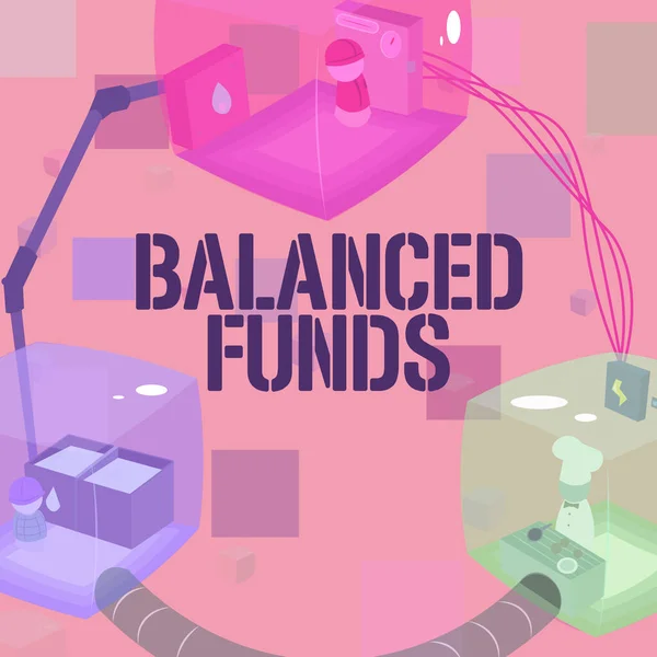 Textskylt som visar balanserade fonder. Internet Concept hybrid fond som kombinerar olika värdepapper förenade bås som tillhandahåller nödvändiga arbetsplatsresurser. — Stockfoto