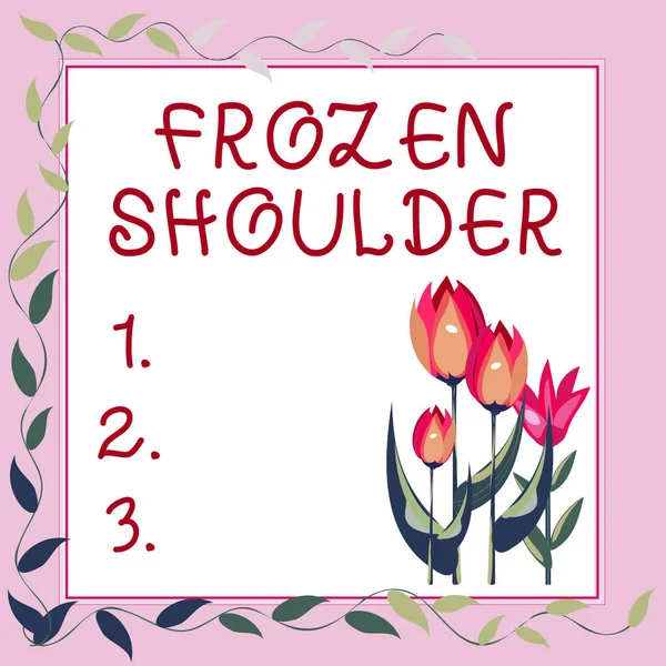 Szöveg megjelenítése Frozen Shoulder. Internet Concept jellemzi merevség és fájdalom a vállízületben Keret díszített színes virágok és lombozat rendezett harmonikusan. — Stock Fotó