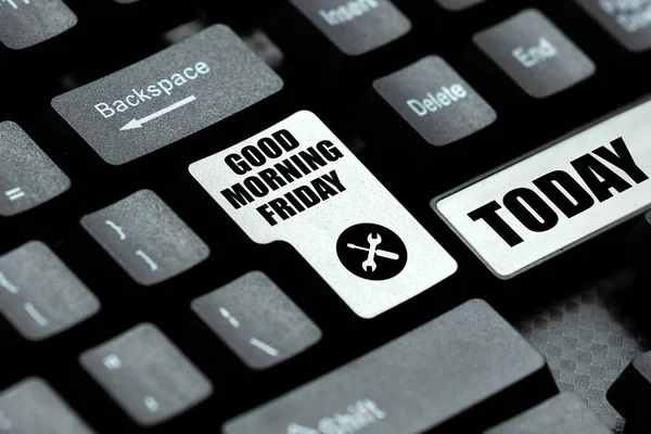 Handwriting text Good Morning Friday. Word for Positive and inspired expression about weekending Creating New Online Shop Business, Typing List Of Trading Goods — Stock Photo, Image