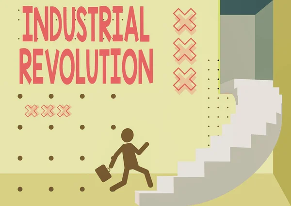 Legenda do texto apresentando Revolução Industrial. Business idea time during which work done more by machines Gentleman In Suit Running Upwards On A Large Stair Steps Showing Progress. — Fotografia de Stock