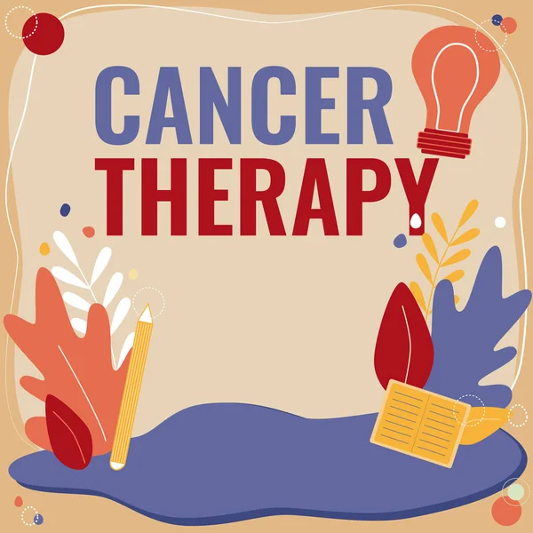 Kézírás szöveg Rák terápia. Szó Írt a kezelés a rák egy beteg műtét kemoterápia Szöveg keret körülvéve válogatott virágok szív és levelek — Stock Fotó