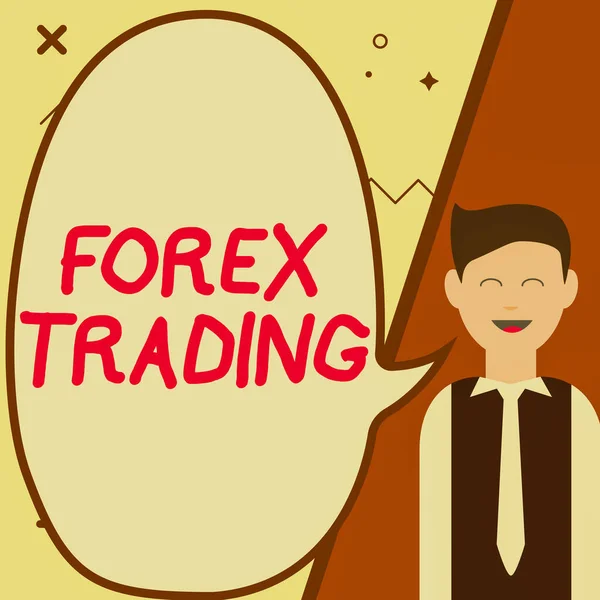 Handskrift tecken Forex Trading. Internet Begreppet valutaväxling mellan två eller flera länder Illustration av affärsman Presentera idéer till tom Chat Cloud. — Stockfoto