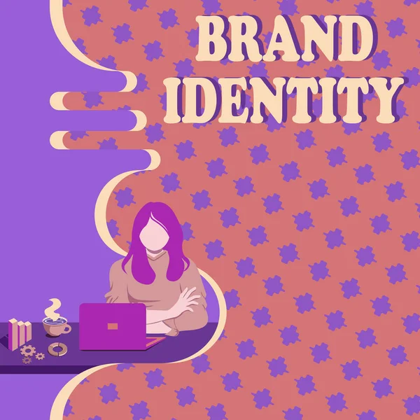 Visualizzazione concettuale Brand Identity. Foto concettuale elementi visibili di un marchio che identificano e distinguono Donna seduta utilizzando Laptop Sessione online Discutere Ultimi Progetti. — Foto Stock