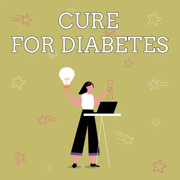 Tekst pisma lekarskiego na cukrzycę. Koncepcja oznacza poprawę wrażliwości tkanek ciała na insulinę Ilustracja dziewczyny używającej laptopa o pomysłach i tworzeniu listy kontrolnej. — Zdjęcie stockowe
