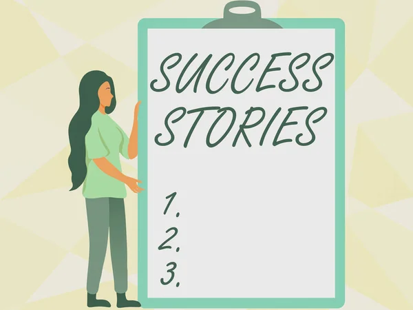 Sign displaying Success Stories. Business showcase life of rule models from how he started to his death Woman Drawing Holding A Big Empty Clipboard Showing New Meaning. — Stock Photo, Image