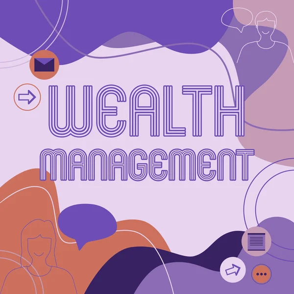 Text sign showing Wealth Management. Business idea Wealth Management Illustration Couple Speaking In Chat Cloud Exchanging Messages. — Stock Photo, Image