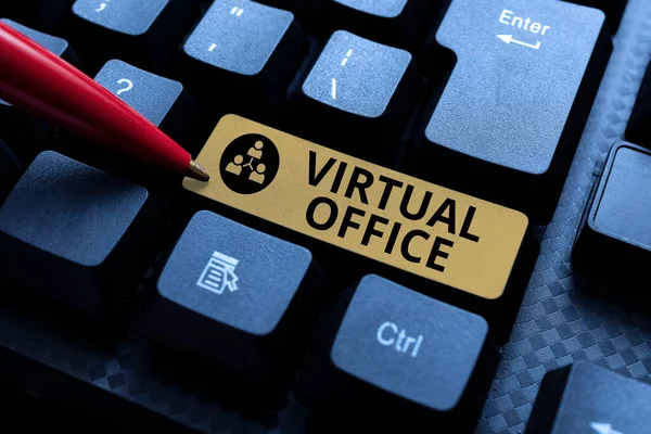 Handschrift Virtual Office. Zakelijk overzicht Virtueel Kantoor Typing Online Tourist Guidebook, Zoeken Internet Ideeën En Ontwerpen — Stockfoto