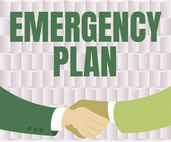 Text caption presenting Emergency Plan. Business approach Procedures for response to major emergencies Be prepared Two Men Drawing With Paper Background Shake Hands Presenting Agreement — Stock Photo, Image