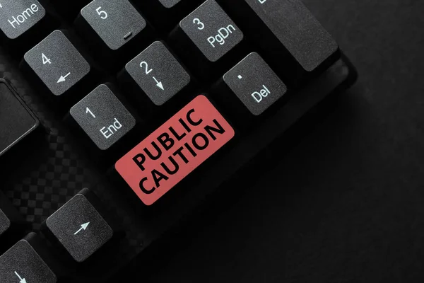 Zápis zobrazující text Public Caution. Internet Koncepce formální varování pro veřejnost, aby vyjádřil potenciální riziko Zadání nové koncepce Product Key, psaní Film titulky Software — Stock fotografie
