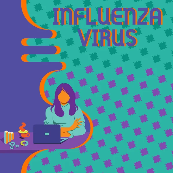 Texto que muestra inspiración Virus de la Influenza. Visión general del negocio una enfermedad infecciosa causada por un virus de la influenza Mujer sentada usando el ordenador portátil Sesión en línea Discutiendo los últimos proyectos. —  Fotos de Stock