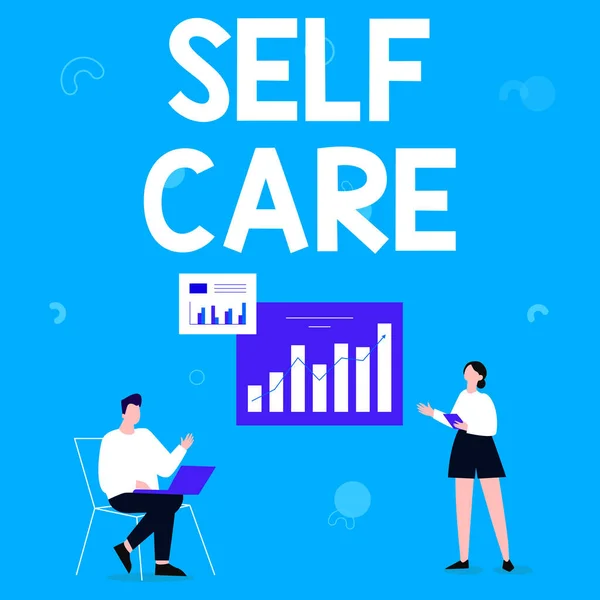 Handwriting text Self Care. Business approach Protection you give to yourself Individual control checking Man Using Laptop And Girl Standing Sharing Ideas For Improvement.