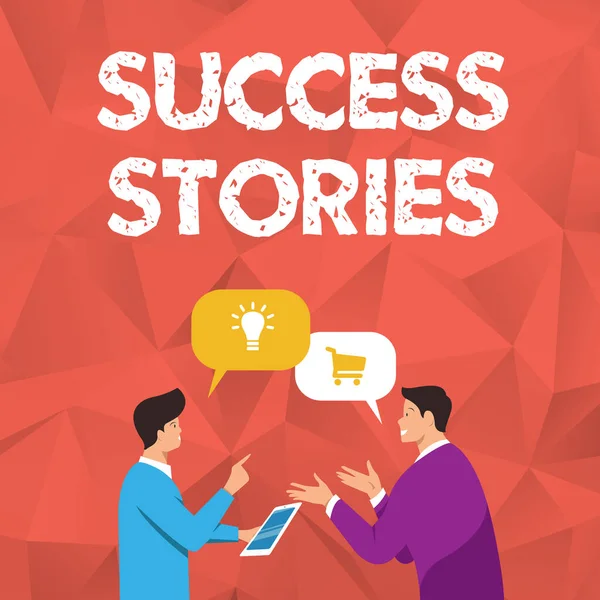 Text caption presenting Success Stories. Business concept life of rule models from how he started to his death Two Men Colleagues Standing Sharing Thoughts Together With Speech Bubbles — Stock Photo, Image