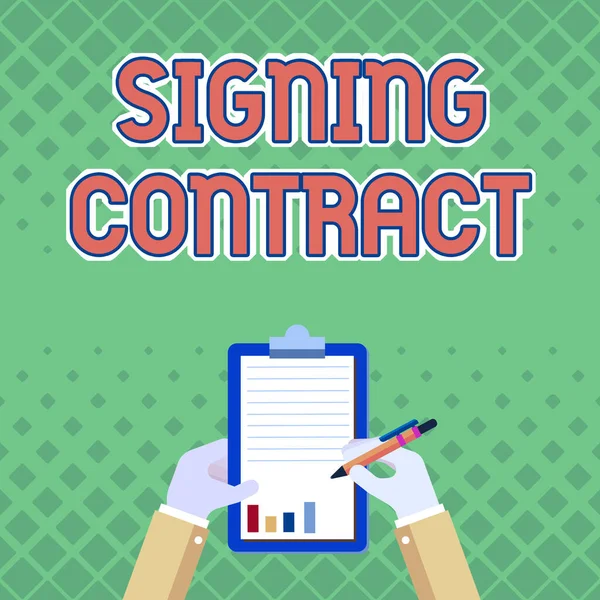 Sign displaying Signing Contract. Business overview the parties signing the document agree to the terms Business Associate Holding Clipboard Documenting Reports With Pen.
