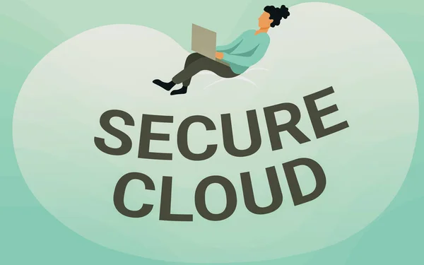 Podpis tekstowy przedstawiający Secure Cloud. Word for Protect the stored information safe Technologia kontrolowana Lady Drawing Siedząc z powrotem na dużej torbie fasoli przy użyciu laptopa. — Zdjęcie stockowe