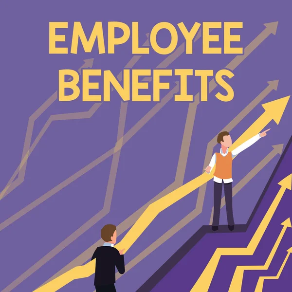 Hand writing sign Employee Benefits. Business overview Indirect and noncash compensation paid to an employee Arrows Guiding Two Collaborating Businessmen Towards Better Financial Plan.