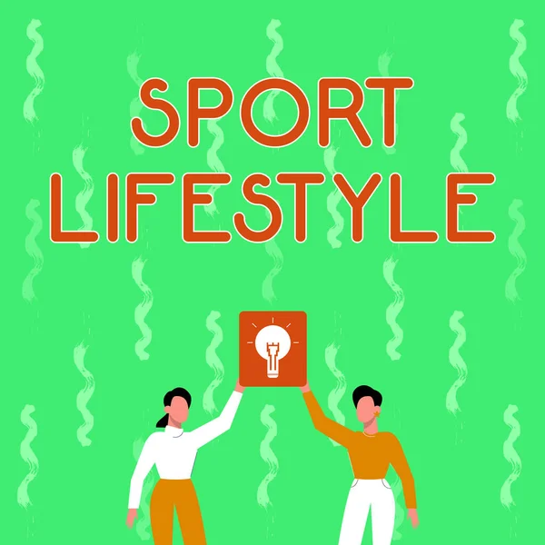 Ręczny napis Sport Lifestyle. Internet Concept Lubiący sport lub zajęcia na świeżym powietrzu Aktywni fizycznie dwaj koledzy Holding Lampa prezentująca nowe osiągnięcia Osiągnięte. — Zdjęcie stockowe