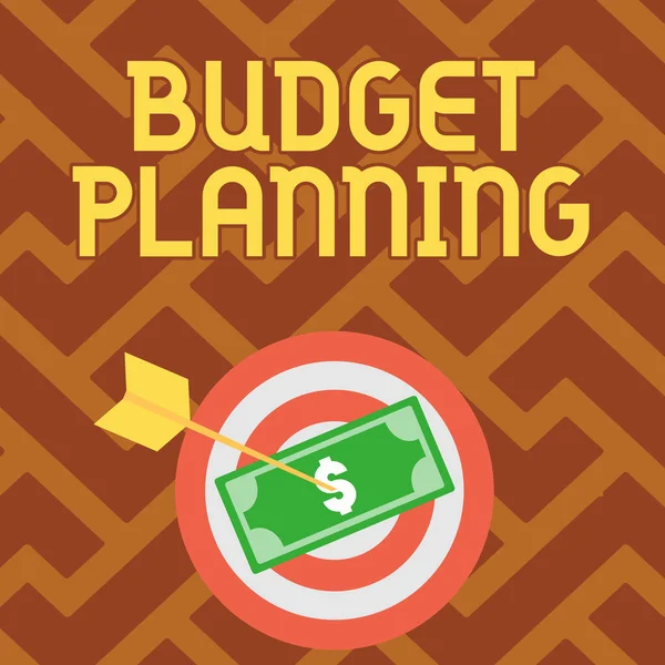 Inspiration showing sign Budget Planning. Business showcase The written description about current and future expenses Currency Pinned Through Target By Arrow Describing Financial Planning. — Stock Photo, Image