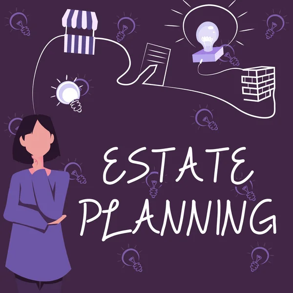 Handschrift bord Estate Planning. Bedrijfsoverzicht Het beheer en de verwijdering van die persoon is estate Woman Innovative Thinking Leading Ideas Towards Stable Future. — Stockfoto