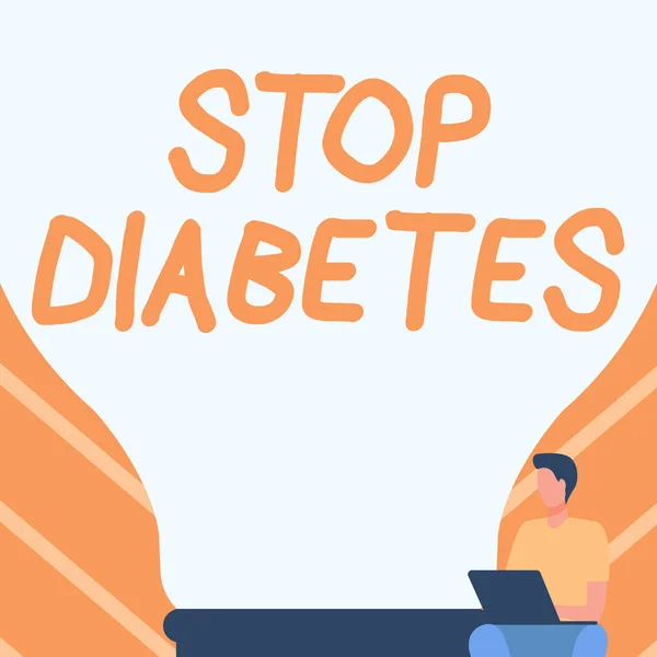 Handschriftlicher Text Stop Diabetes. Internet-Konzept Blutzuckerspiegel ist höher als normales Insulin injizieren Gentleman sitzt und verwendet Laptop neben einer großen Glühbirne. — Stockfoto