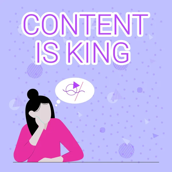 Tekst pisma ręcznego Content Is King. Business approach Content is the heart of todays marketing strategies Illustration Of Lady Thinking Głęboko sam na nowe niesamowite pomysły taktyczne. — Zdjęcie stockowe