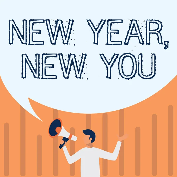 Text caption presenting New Year New You. Business concept 365 days of opportunities to change your expectations Man Drawing Holding Megaphone With Big Speech Bubble Showing Message. — Stock Photo, Image