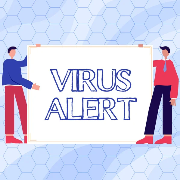 Metin Virüsü Uyarısı gösteriliyor. Yeni Fikirler Sunan Boş Kağıt Arkaplanlı İki Adam Virüs Alarmı. — Stok fotoğraf