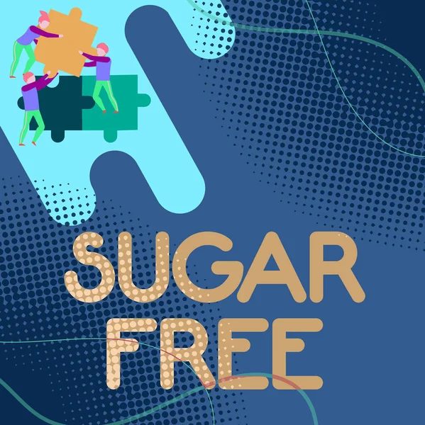 Handskrift tecken Socker Gratis. Begreppet innehåller en konstgjord sötningsmedel i stället för socker Team Holding pussel bitar hjälper varandra att lösa problemet. — Stockfoto