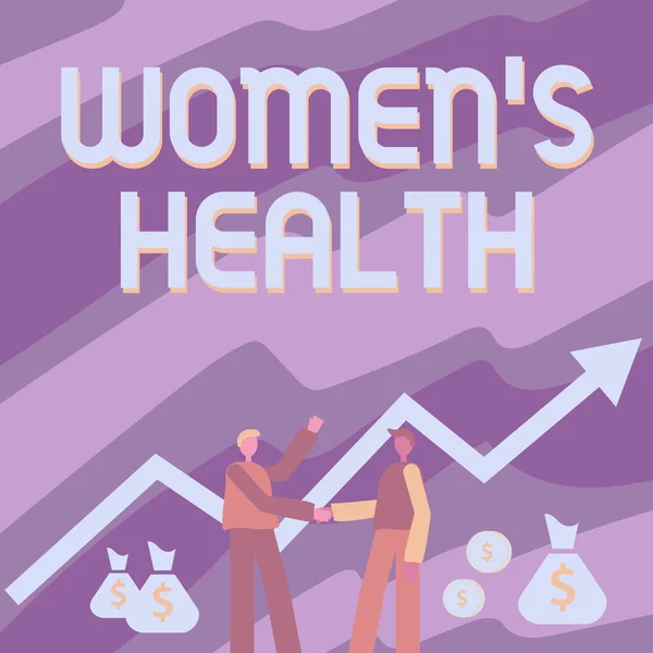 Ο τίτλος κειμένου που παρουσιάζει τις Γυναίκες είναι Υγεία. Λέξη που γράφτηκε για τις γυναίκες s είναι η υγεία δύο άνδρες που στέκονται χειραψία με το οικονομικό βέλος για την ανάπτυξη και τα χρήματα τσάντες. — Φωτογραφία Αρχείου