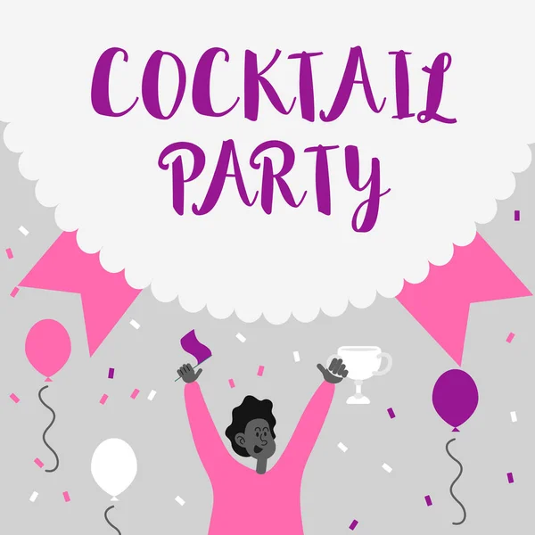 Bildunterschrift: Cocktail Party. Geschäftsübersicht Feierliche Party mit alkoholischen Getränken gewöhnlich am frühen Abend Man Holding Trophy Celebrating Performance Umgeben von Luftballons. — Stockfoto