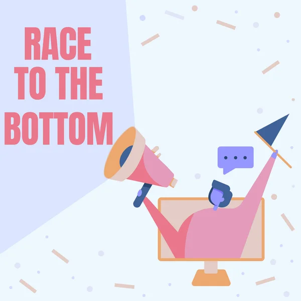 Texto presentando Race To The Bottom. Concurso de concepto de negocio de empresas Normas de calidades de sacrificio Lady Inside A Monitor Screen Drawing Holding Megáfono y bandera. — Foto de Stock