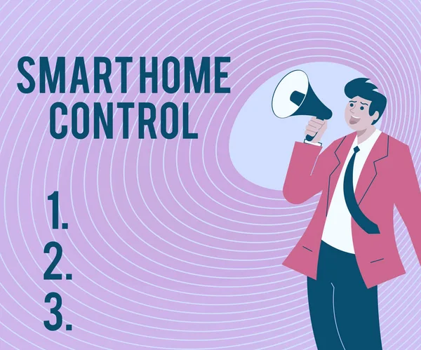 Text som visar inspiration Smart Home Control. Word Skrivet på ger ägare säkerhet komfort och energieffektivitet Illustration av en man peka bort håller Megaphone gör nya tillkännagivanden — Stockfoto