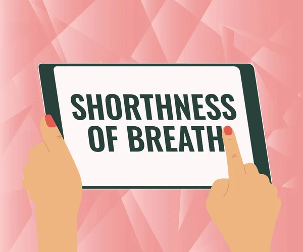 Menulis Menampilkan Shorthness Of Breath. Konsep bisnis pengetatan intens saluran napas menyebabkan kesulitan bernapas Ilustrasi Dari Tangan A Menggunakan Tablet Mencari Untuk Ide Baru Menakjubkan. — Stok Foto