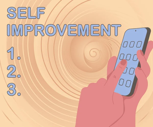 Zápis zobrazující text Self Improvement. Proces podnikatelského nápadu, jak si udělat lepší nebo více znalý Ruce držící technologické zařízení Stisknutí tlačítka aplikace. — Stock fotografie