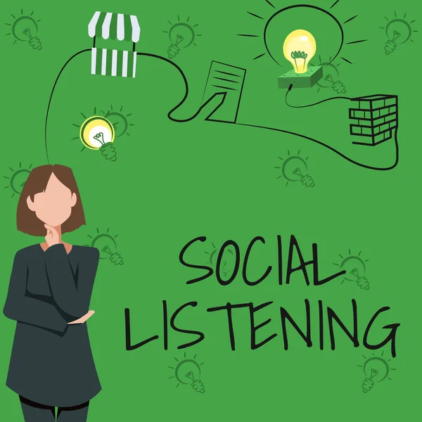 Kézírás jel Social Listening. Üzleti kirakat elemzése a beszélgetések és trendek a termék nő innovatív gondolkodás vezető ötletek felé stabil jövő. — Stock Fotó
