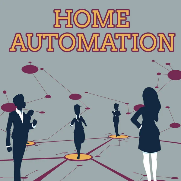 Writing displaying text Home Automation. Business idea home solution that enables automating the bulk of electronic Several Team Members Standing Separate Thinking Connected Lines On Floor.
