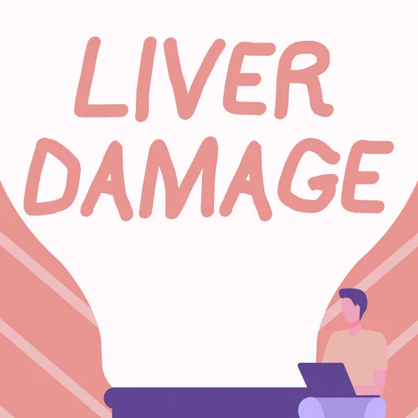 Conceptual display Liver Damage. Conceptual photo damage to the liver and its function due to alcohol abuse Gentleman Sitting And Using Laptop Beside A Large Light Bulb. — Stock Photo, Image
