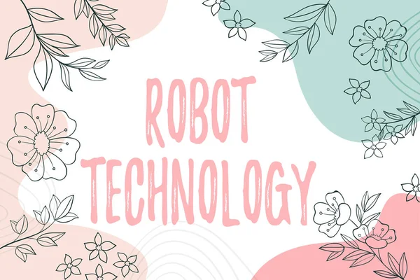 Znak pokazujący technologię robotów. Biznes podejście rozwijać maszyny, które mogą zastąpić zadania człowieka puste ramki ozdobione abstrakcyjne zmodernizowane formy kwiaty i liści. — Zdjęcie stockowe