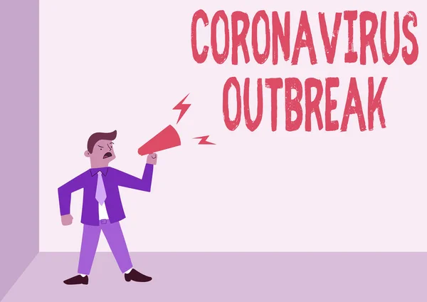 Εννοιολογική λεζάντα Coronavirus Outbreak. Εννοιολογική φωτογραφία μολυσματική ασθένεια που προκαλείται από πρόσφατα ανακαλύφθηκε COVID19 άνθρωπος στέκεται φωνάζοντας πάνω Megaphone Παρουσιάζοντας Νέα ανακοίνωση. — Φωτογραφία Αρχείου