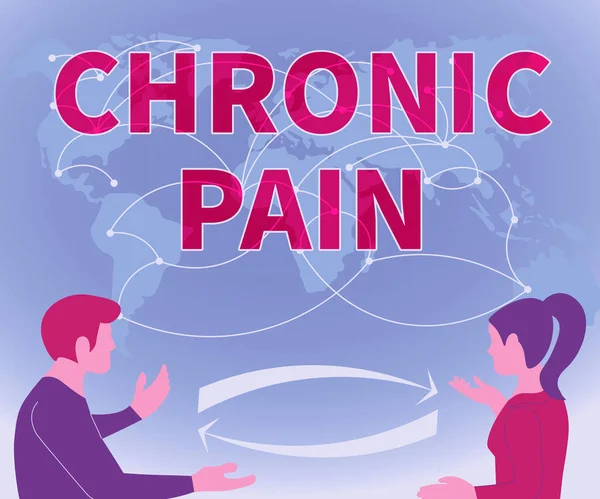 Szöveges felirat a krónikus fájdalomról. Koncepció jelentése Fájdalom, amely túlmutat a várható gyógyulási időszakon Két csapattárs Új ötletek megvitatása Világtérkép Brainstorming New Solutions. — Stock Fotó