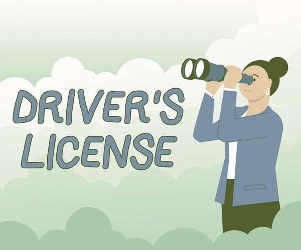 Концептуальный дисплей Driver S License. Слово для документа, разрешающего человеку управлять транспортным средством Женщина смотрит в телескоп, видя новые опции. — стоковое фото