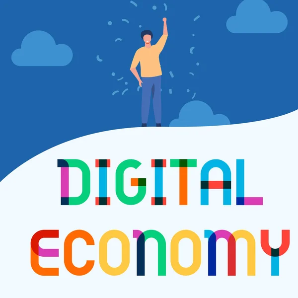 Text caption presenting Digital Economy. Business overview worldwide network of economic activities and technologies Man Drawing Raising Hand Sky Standing Hill Showing Success. — Stock Photo, Image