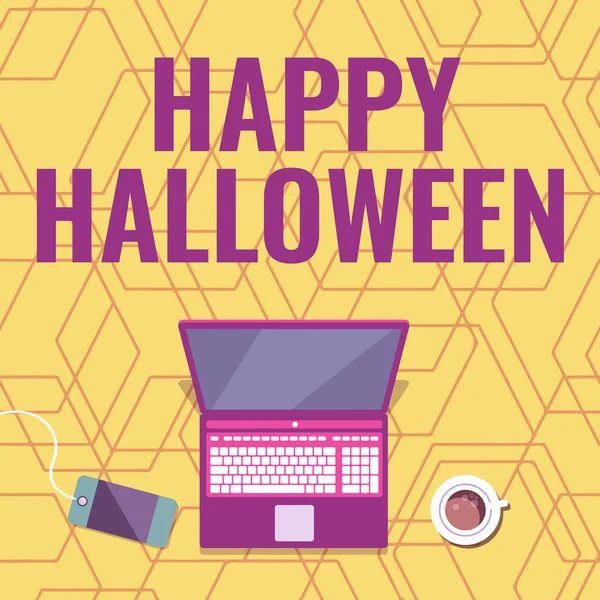 Inspirație care arată semn Halloween fericit. Internet Concept seara înainte de zilele sfinte creștine ale laptopului All Hallows Day odihnindu-se pe o masă lângă cana de cafea și planta care arată procesul de lucru. — Fotografie, imagine de stoc