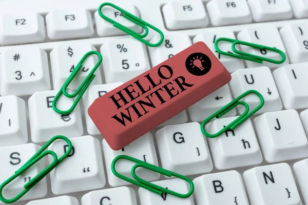 Text showing inspiration Hello Winter. Business showcase greeting to the end of autumn the coldest season around December Editing New Story Title, Typing Online Presentation Prompter Notes — Stock Photo, Image
