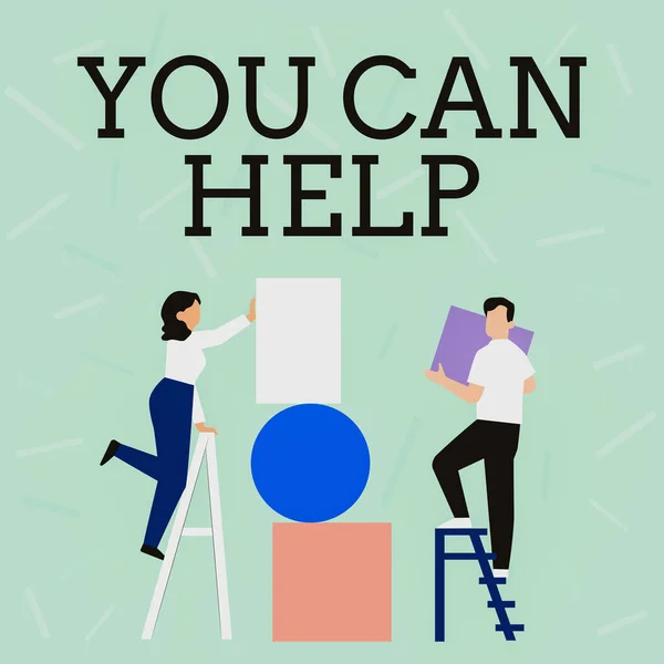 Sign displaying You Can Help. Word for You Can Help Couple Drawing Using Ladder Placing Big Empty Picture Frames To A Wall. — Stock Photo, Image