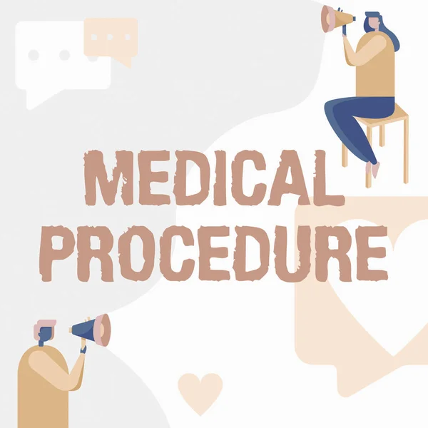 Τίτλος κειμένου που παρουσιάζει την Ιατρική Διαδικασία. Έννοια που σημαίνει μια διαδικασία που εφαρμόζεται από ιατρούς ή οδοντίατρους Άνδρας που στέκεται και γυναίκα κάθεται τόσο κρατώντας Megaphone με το σύμβολο του μηνύματος. — Φωτογραφία Αρχείου